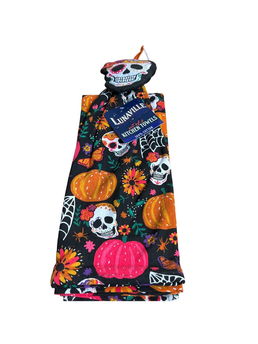 Lunaville Halloween Sugar Skull Black Kitchen Towels - Set of Two - NWT